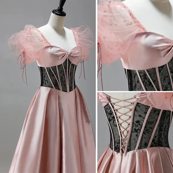 Élégant Rougissant Rose Robe De Bal 2022 Princesse Encolure Carrée Gonflée Manches Courtes Noeud Dos Nu Longue Promo Robe De Ceremonie