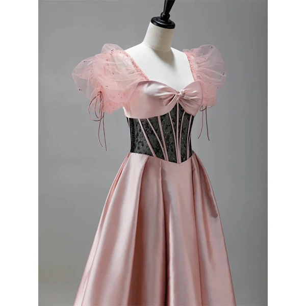 Élégant Rougissant Rose Robe De Bal 2022 Princesse Encolure Carrée Gonflée Manches Courtes Noeud Dos Nu Longue Promo Robe De Ceremonie