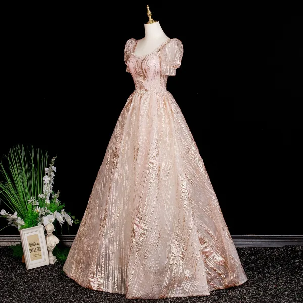 Chic / Beautiful Blushing Pink Glitter Prom Dresses 2025 Ball Gown Square Neckline Short Sleeve Backless Floor-Length / Long Formal Dresses