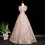 Chic / Beautiful Blushing Pink Glitter Prom Dresses 2025 Ball Gown Square Neckline Short Sleeve Backless Floor-Length / Long Formal Dresses