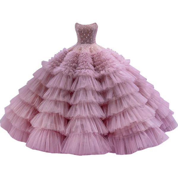 Luxe Rougissant Rose Perlage Faux Diamant Perle Paillettes Robe De Mariée 2023 Robe Boule Bustier Sans Manches Dos Nu Volants en Cascade Train De Balayage Mariage