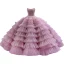 Luxe Rougissant Rose Perlage Faux Diamant Perle Paillettes Robe De Mariée 2023 Robe Boule Bustier Sans Manches Dos Nu Volants en Cascade Train De Balayage Mariage