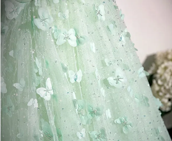 Chic / Belle Vert Cendré Papillon Appliques Paillettes Robe De Bal 2024 Robe Boule Encolure Carrée Manches Courtes Dos Nu Longue Promo Robe De Ceremonie