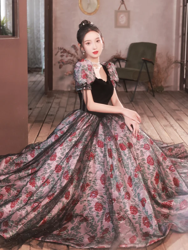 Vintage / Retro Black Prom Dresses 2023 A-Line / Princess Square Neckline Short Sleeve Backless Floor-Length / Long Prom Formal Dresses