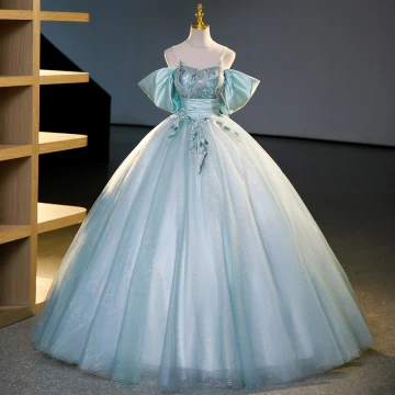 Elegant Sky Blue Beading Sequins Prom Dresses 2023 Ball Gown Scoop Neck Short Sleeve Backless Bow Floor Length Long Prom Formal Dresses