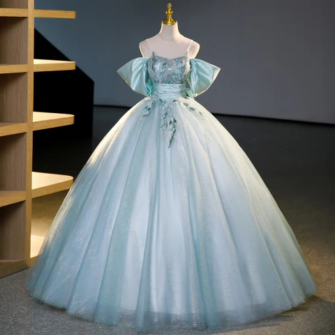 Elegantes Azul Cielo Rebordear Lentejuelas Vestidos de gala 2023 Ball Gown Scoop Escote Manga Corta Sin Espalda Bowknot Largos Gala Vestidos Formales