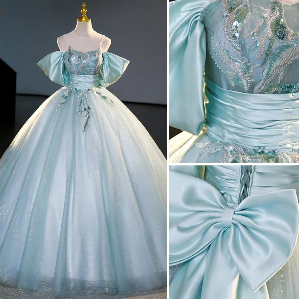 Elegant Sky Blue Beading Sequins Prom Dresses 2023 Ball Gown Scoop Neck Short Sleeve Backless Bow Floor-Length / Long Prom Formal Dresses