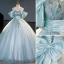 Elegant Sky Blue Beading Sequins Prom Dresses 2023 Ball Gown Scoop Neck Short Sleeve Backless Bow Floor-Length / Long Prom Formal Dresses