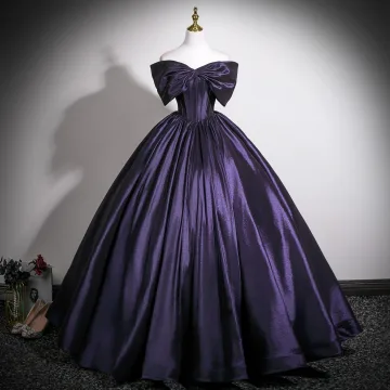 Vintage Originale Violet Robe De Bal 2025 Robe Boule Noeud De L Épaule Manches Courtes Dos Nu Longue Robe De Ceremonie
