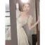 Elegant Ivory Pearl Appliques Prom Dresses 2022 A-Line / Princess Square Neckline Short Sleeve Backless Floor-Length / Long Prom Formal Dresses