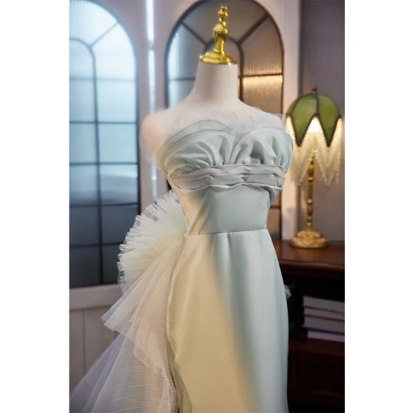 Chic / Beautiful Sage Green Prom Dresses 2023 Trumpet / Mermaid Strapless Backless Flower Sleeveless Court Train Prom Formal Dresses