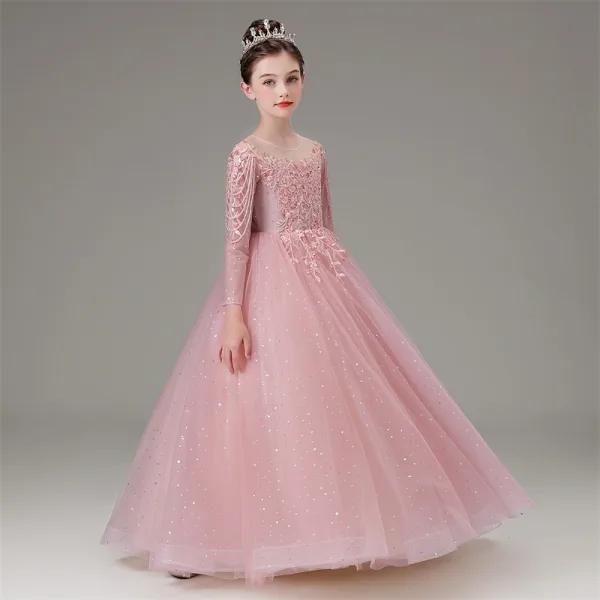 Elegant Candy Pink Beading Sequins Rhinestone Lace Flower Birthday Flower Girl Dresses 2025 Ball Gown Scoop Neck 3/4 Sleeve Floor-Length / Long