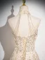 Sparkly Champagne Rhinestone Sequins Prom Dresses 2024 A-Line / Princess High Neck Sleeveless Backless Floor-Length / Long Prom Formal Dresses