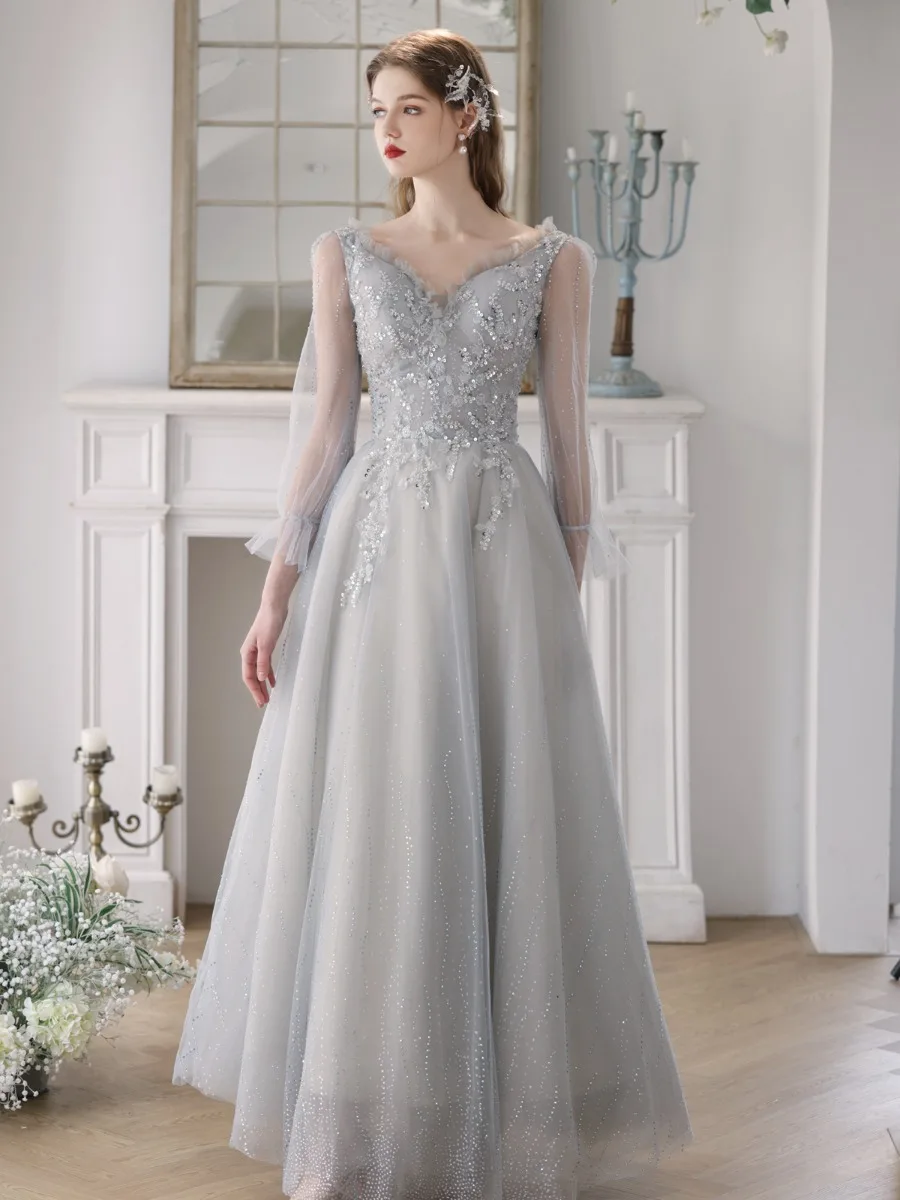 chinese dress ladies Gorgeous Grey Long Sleeves Jewel Mermaid Stretch Satin Evening Prom Dresses with Appliques main image 1