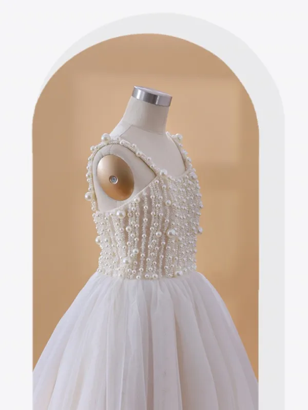 Chic / Beautiful White Beading Pearl Short Birthday Flower Girl Dresses 2024 Spaghetti Straps Sleeveless Backless