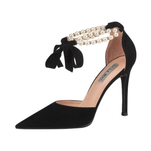 Moderne Mode Noire Soirée Sandales Femme 2022 Cuir Perle Noeud Bride Cheville 10 Cm Talons Aiguilles À Bout Pointu Chaussures Femmes Talons Hauts