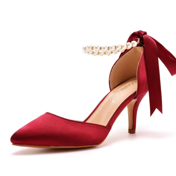 Charmant Dunkelgrün Perle Knöchelriemen Schleife Abend Sandalen Damen 2023 7 cm Stilettos Spitzschuh Sandaletten Hochhackige