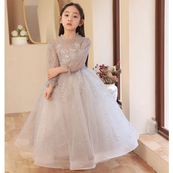 Chic / Beautiful Grey Birthday Flower Girl Dresses 2022 A-Line / Princess Scoop Neck Beading Sequins Long Sleeve Floor-Length / Long Flower Girl Dresses
