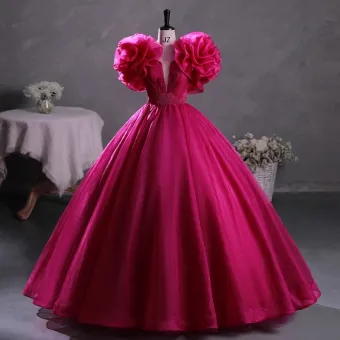 Vintage Retro Ethnic Fuchsia Beading Prom Dresses 2023 Ball Gown Scoop Neck Ruffle Short Sleeve Backless Floor Length Long Prom Formal Dresses