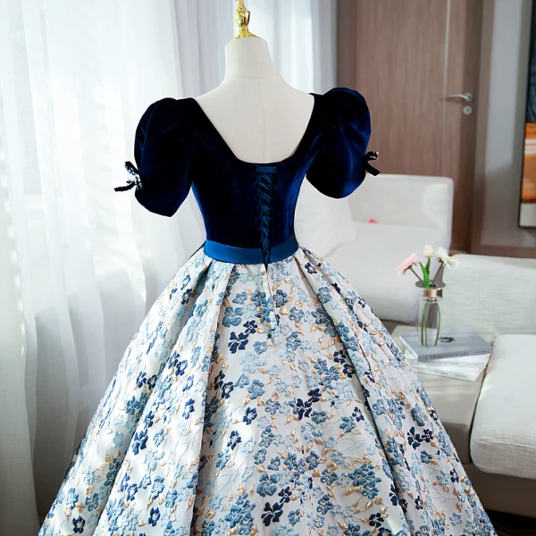 Elegant Navy Blue Floral Prom Dresses 2022 Ball Gown Square Neckline Bow Sash Short Sleeve Backless Floor-Length / Long Prom Formal Dresses