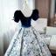Elegant Navy Blue Floral Prom Dresses 2022 Ball Gown Square Neckline Bow Sash Short Sleeve Backless Floor-Length / Long Prom Formal Dresses