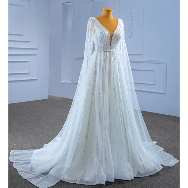 Haut de Gamme Charmant Blanche Perlage Paillettes Robe De Mariée 2022 Princesse V-Cou Manches Longues Dos Nu Train De Balayage Mariage