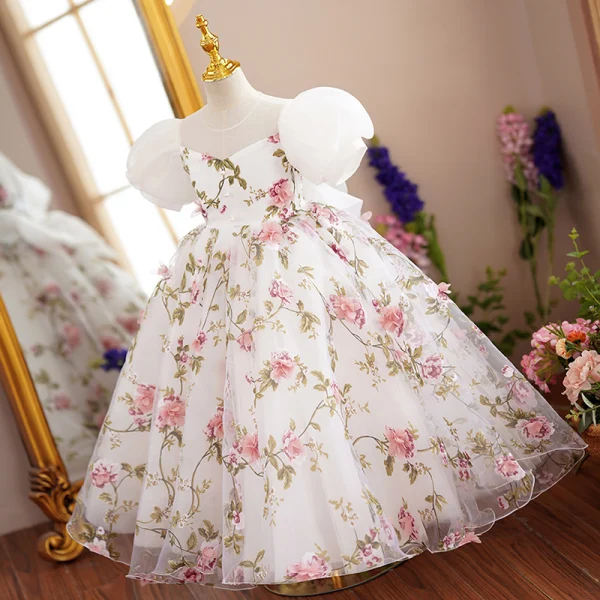 Chic / Beautiful White Birthday Floral Flower Girl Dresses 2022 A-Line / Princess Scoop Neck Puffy Short Sleeve Backless Bow Pearl Floor-Length / Long Flower Girl Dresses