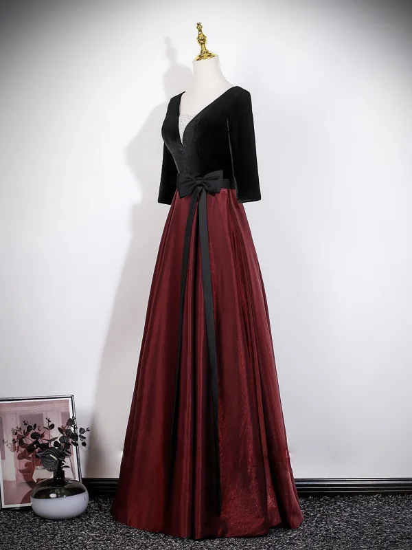 Vintage / Originale Bordeaux Noeud Ceinture Robe De Bal 2026 Princesse V-Cou 3/4 Manches Dos Nu