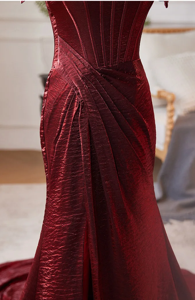Chic Beautiful Burgundy Backless Split Front Prom Dresses 2024 Trumpet  Mermaid Off The Shoulder Sleeveless Court Train Prom Formal Dresses