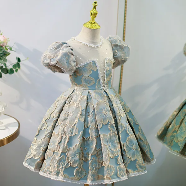 Fashion Sky Blue Star Sequins Birthday Flower Girl Dresses 2022 A-Line / Princess Scoop Neck Pearl Puffy Short Sleeve Floor-Length / Long Flower Girl Dresses