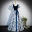 Chic / Beautiful Navy Blue Printing Prom Dresses 2024 A-Line / Princess V-Neck Short Sleeve Bow Sash Backless Floor-Length / Long Prom Formal Dresses