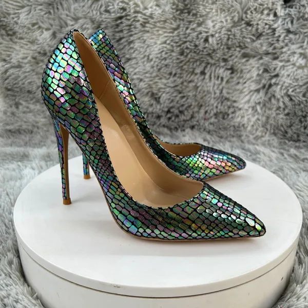 Ovanlig Mörkgrön Laser Snakeskin Trycket Afton Pumps 2025 12 cm Stilettklackar Spetsiga Högklackade