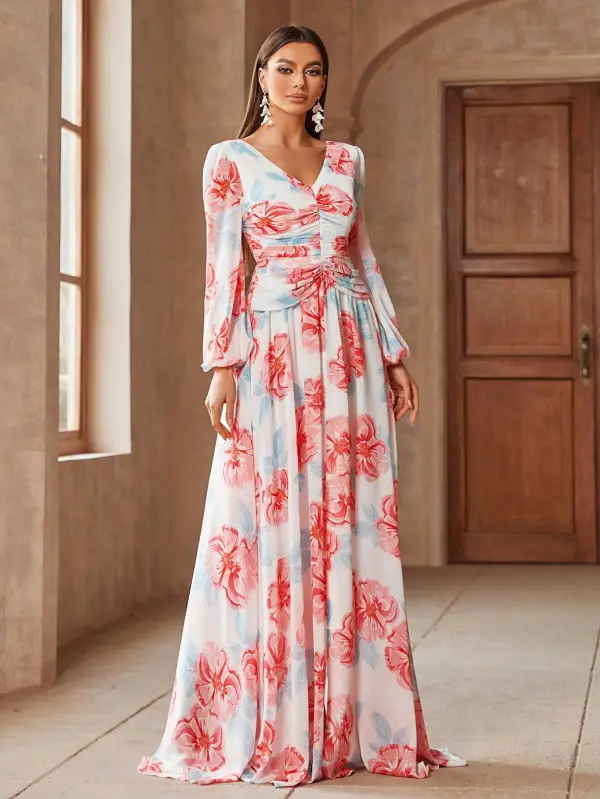 Chic / Beautiful White Printing Prom Dresses 2025 A-Line / Princess Chiffon V-Neck Long Sleeve Backless Floor-Length / Long Prom Formal Dresses