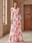 Chic / Beautiful White Printing Prom Dresses 2025 A-Line / Princess Chiffon V-Neck Long Sleeve Backless Floor-Length / Long Prom Formal Dresses