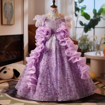 Fée Des Fleurs Violet Perlage Paillettes Perle En Dentelle Fleur Anniversaire Robe Ceremonie Fille 2025 Robe Boule Col Haut Manches Courtes Dos Nu Longue