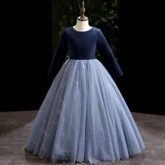 Chic Belle Bleu Paillettes Promo Robe Ceremonie Fille 2022 Robe Boule Encolure Dégagée Manches Longues Longue Robe Ceremonie Fille