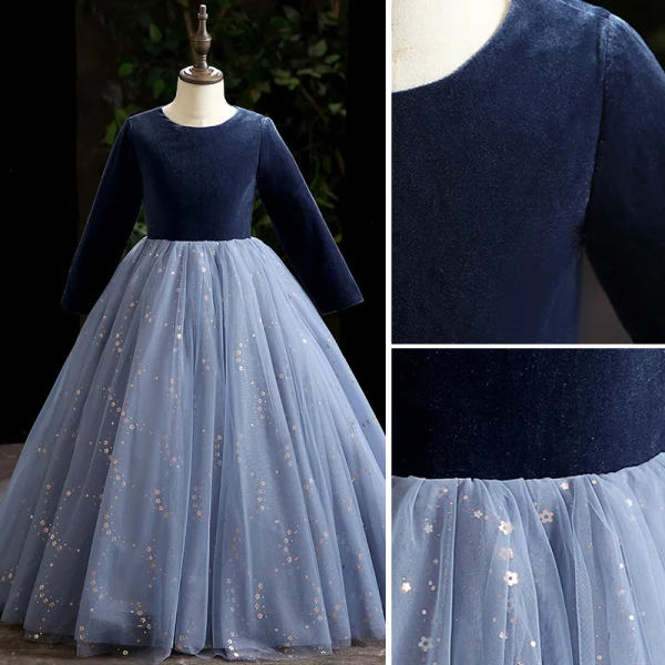 Chic / Beautiful Pool Blue Sequins Prom Flower Girl Dresses 2022 Ball Gown Scoop Neck Long Sleeve Floor-Length / Long Flower Girl Dresses