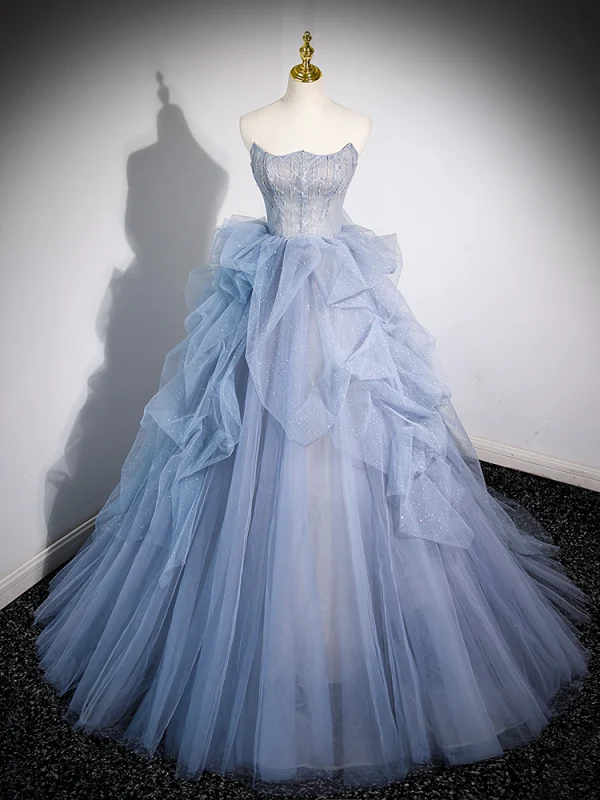 Fashion Sky Blue Cascading Ruffles Prom Dresses 2023 Ball Gown Strapless Short Sleeve Backless Sweep Train Prom Formal Dresses