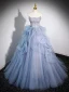 Fashion Sky Blue Cascading Ruffles Prom Dresses 2023 Ball Gown Strapless Short Sleeve Backless Sweep Train Prom Formal Dresses