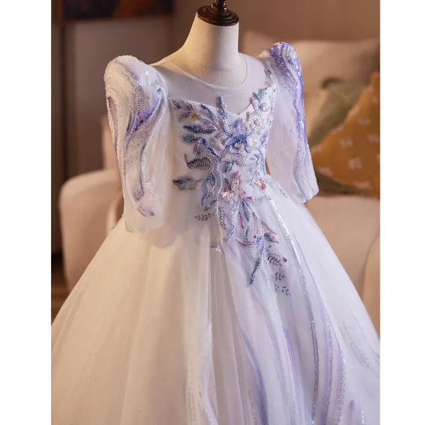 Chic / Belle Lavande Perlage En Dentelle Fleur Anniversaire Robe Ceremonie Fille 2025 Robe Boule Encolure Dégagée 3/4 Manches Dos Nu Longue Tulle