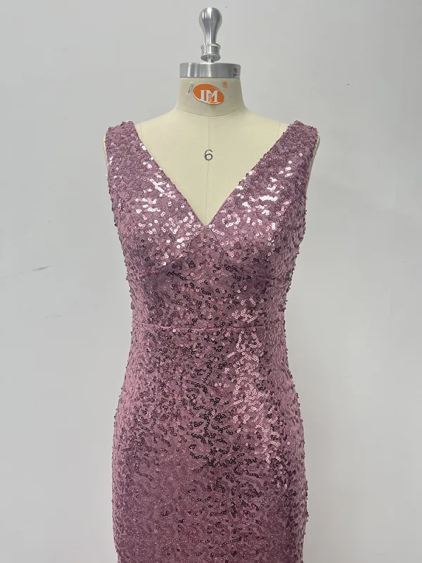 Sparkly Blushing Pink Sequins Evening Dresses 2024 Trumpet / Mermaid V-Neck Sleeveless Backless Floor-Length / Long Evening Party Formal Dresses