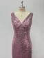 Sparkly Blushing Pink Sequins Evening Dresses 2024 Trumpet / Mermaid V-Neck Sleeveless Backless Floor-Length / Long Evening Party Formal Dresses