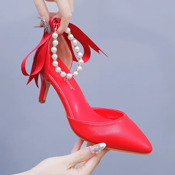 Sexy Black Pearl Ankle Strap Evening Party Womens Shoes 2024 7 cm Stiletto Heels Pointed Toe High Heels