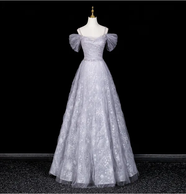 Bling Bling Grau Perlenstickerei Strass Pailletten Ballkleider 2026 A Linie Spaghettiträger Kurze Ärmel Rückenfreies Lange Festliche Kleider