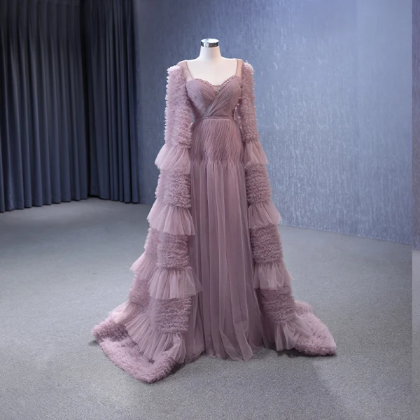 Haut de Gamme Rose Sombre Volants en Cascade Perlage Perle Faux Diamant Robe De Bal 2023 Princesse Encolure Carrée Manches Longues Dos Nu Train De Balayage Promo Robe De Ceremonie