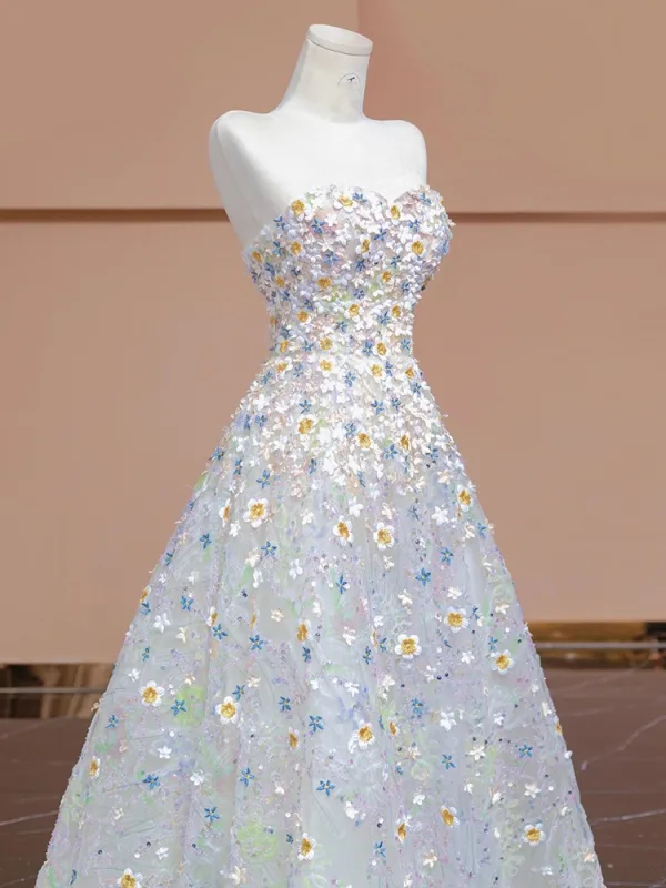 Flower Fairy White Lace Flower Appliques Prom Dresses 2024 A-Line / Princess Strapless Sleeveless Backless Floor-Length / Long Prom Formal Dresses