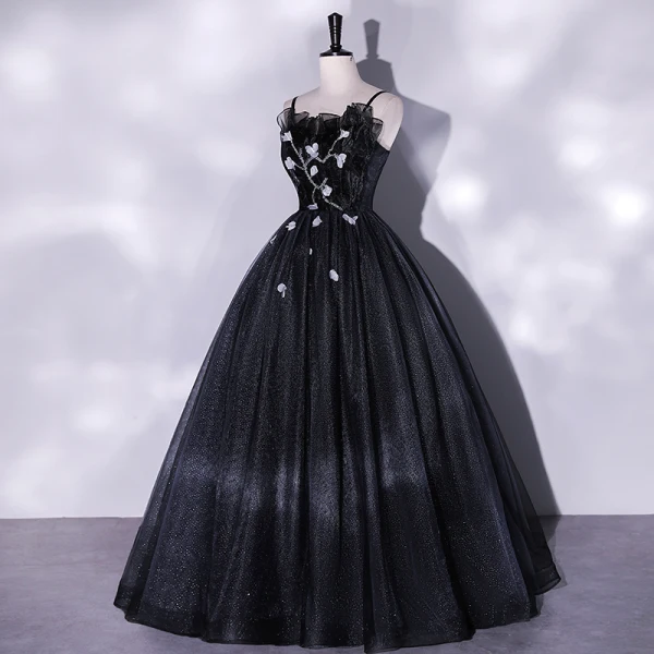 Modest / Simple Black Appliques Sequins Prom Dresses 2022 A-Line / Princess Spaghetti Straps Sleeveless Backless Floor-Length / Long Prom Formal Dresses