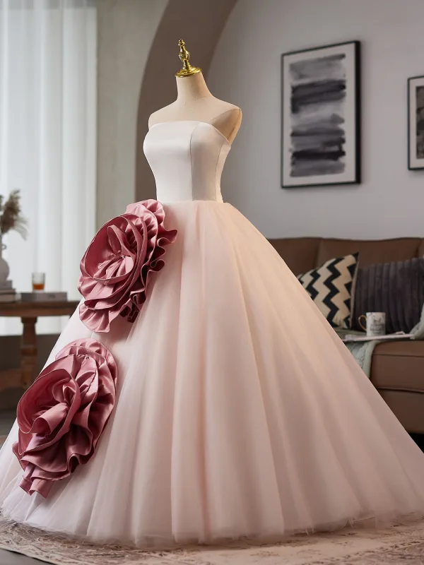 Amazing / Unique Blushing Pink Appliques Prom Dresses 2025 Ball Gown Strapless Sleeveless Backless Floor-Length / Long Prom Formal Dresses