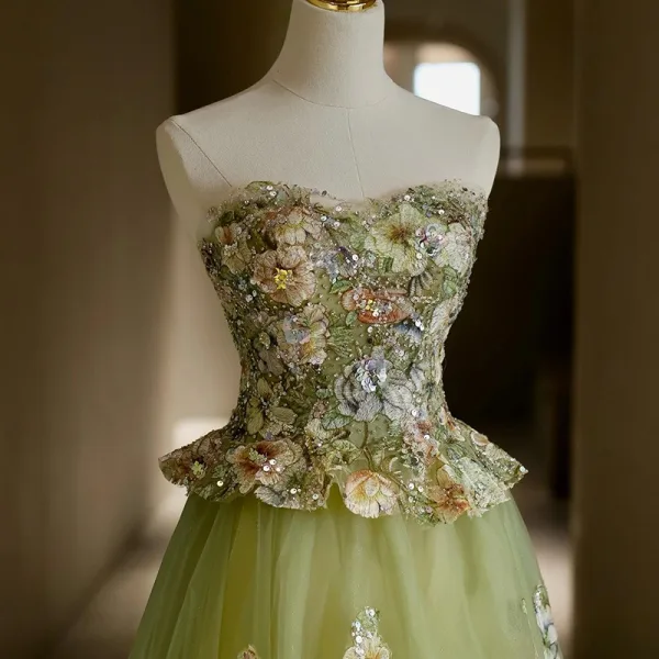 Flower Fairy Sage Green Sequins Lace Flower Prom Dresses 2025 A-Line / Princess Strapless Sleeveless Backless Floor-Length / Long Formal Dresses