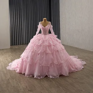 Blomsterfe Sukkertøyrosa Håndlaget Beading Perle Paljetter Appliques Gripende Ruffles Ballkjoler 2025 Ballkjole V Hals Langermede Ryggløse Royal Train